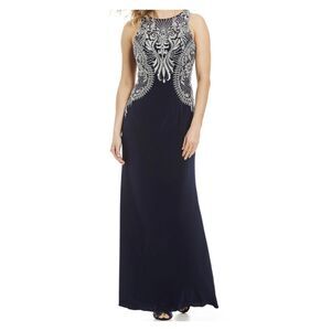 Cachet Navy Blue Rhinestone Beaded Embroidered Long Formal Dress Gown Prom sz 4